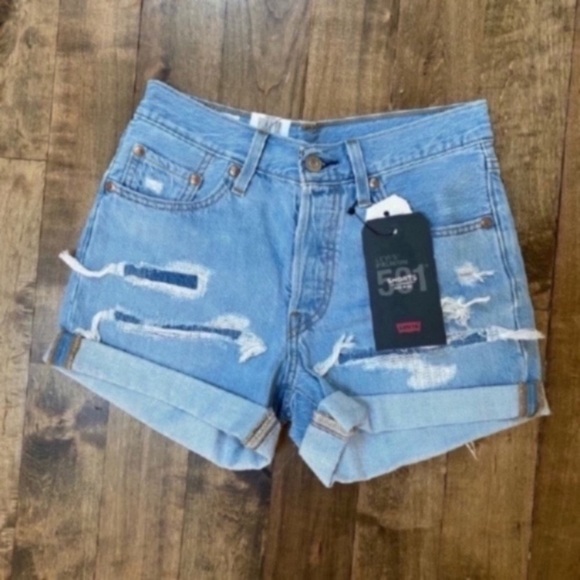 Levi's Pants - Levi’s mid rise Jean Demin Shorts Size 24 Distressed Patch NEW Roll Cuff.
